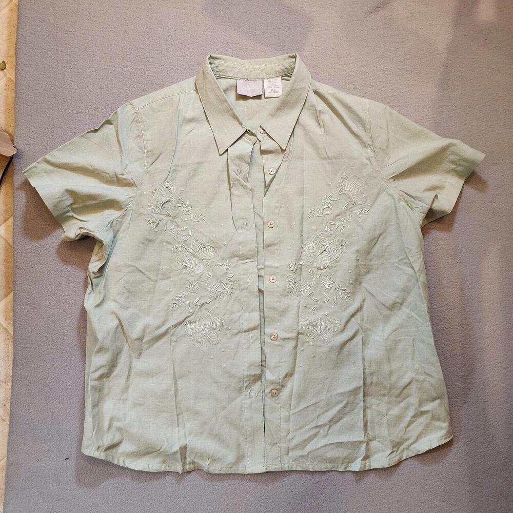 Blair‎ Short Sleeve Button Front Light Green Embroidered Butterfly XL